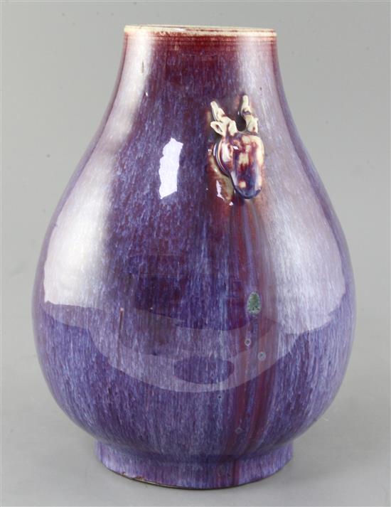 A Chinese flambe glaze pear shaped vase, hu, late 19th / early 20th century, height 29.5cm, foot rim chips